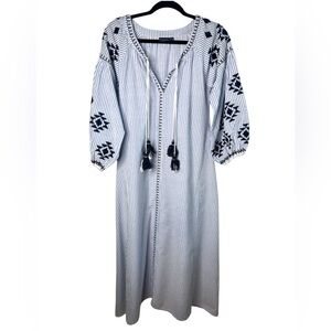 Madison Mathews Midi Dress Blue White Pinstripes Embroidered Resort SZ XS EUC